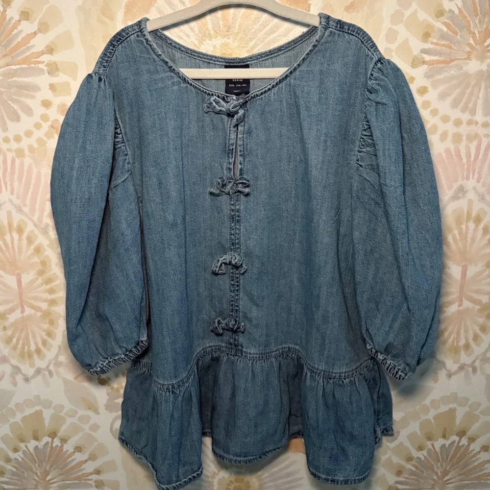 Gap Kids Girls Blue Denim Bow Front Peplum Puff Sleeve Top XXL 14-16